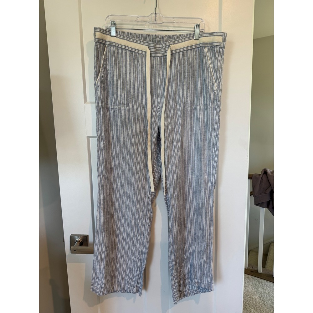 Caslon beach Womens Blue White Striped Linen Blend Wide Leg Drawstring Pants  L